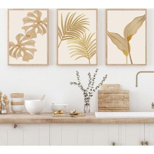 Nordic Modern Simple Canvas Wall Art Painting On The Wall Golden Plant Leaves Pictures Home Decor Luxury Room Art Poster