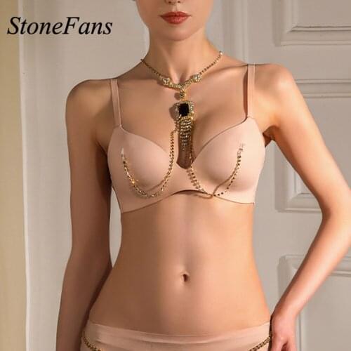 Stonefans Red Crystal Bra Top Chest Chain Body Jewelry Harness Woman Necklace Rhinestone Body Chain Bikini Gold Sex Nipple Chain