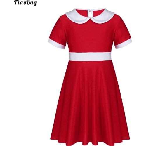 TiaoBug Kids Girls Short Sleeves White Collar Christmas Costume A-Line Dress For Xmas Party Daily Wear