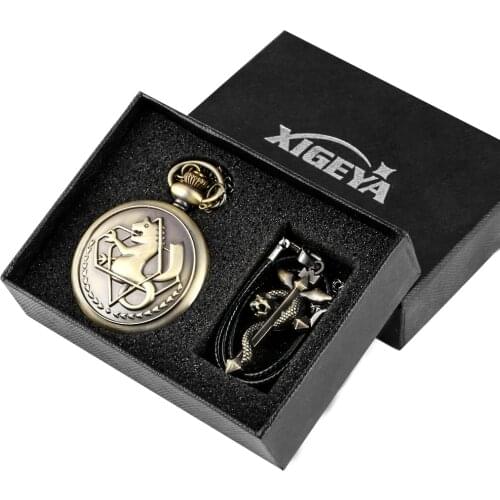 Vintage Pocket Watch Set Necklace Brass Quartz Clocks Arabic Numerals Dial Leather Fine Pendant Set Japan Anime Gift for Friends