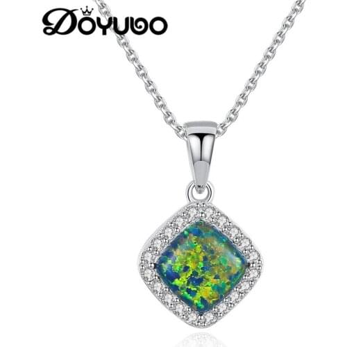 DOYUBO Classical 925 Sterling Silver Olive Green Square Opal Pendant Necklace High Quality Women CZ Charms Chain Jewelry VA239