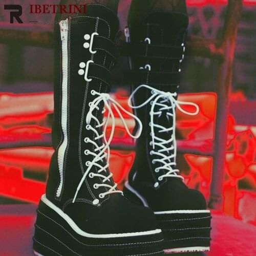 Female Motorcycle Boots Wedges Lace Up Buckle Strap Shoes Woman Fashion Hot Sale White Goth Platform Punk Street Ladies Shoes