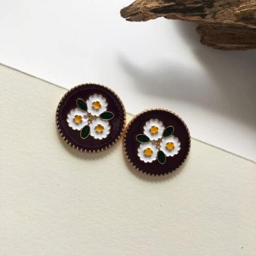 Retro Baroque Flower Dripping Earrings Korean Temperament Enamel Black Round Disc Clip Earrings Simple Geometric Ear Clip Female