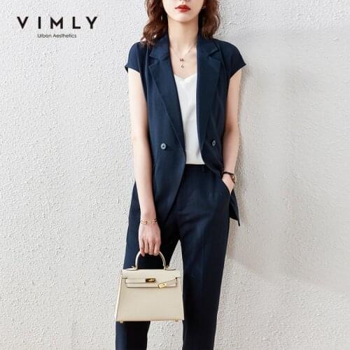 VIMLY Two Piece Set Women Elegant Vest Jacket Blazer Short Sleeve Ladies Suit Vest High Waist Pencil Female Pants Suits F7396