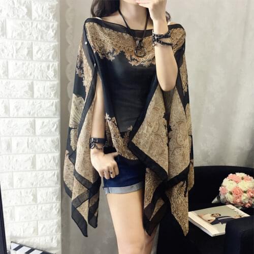 Women 2020 Summer Chiffon Cloak Top Bat Sleeves Loose Casual Sexy Irregular Printing Vintage Short Sleeve Sun Protection Top F35