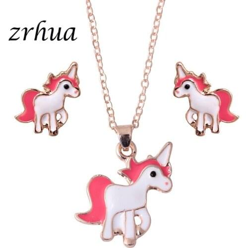ZRHUA Pink Pony Horse Bee Jewelry Sets For Women Girl Animal Cat Decoration Earrings Necklaces Wedding Accessories Hot