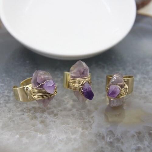 1pcs Irregular Natural Amethysts Wire-wrapped Adjustable Ring,Raw Purple Quartz Crystal Ring Charms Jewelry Anniversary Gift