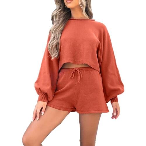 2pcs/set Womens Suit Latern Sleeve Kintted Sweater + Drawstring Loose Shorts Casual Fashion Outfits