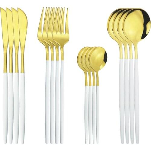4set White Gold Silverware Set Stainless Steel Flatware Dinnerware Cutlery Knife Fork TeaSpoon Party Home Kitchen Tableware Set