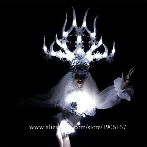 White Led Light Up Sexy Lady Party Dress DS Nightclubs Clohes Antlers Queen Christmas Led Luminous Party Ballroom Costumes
