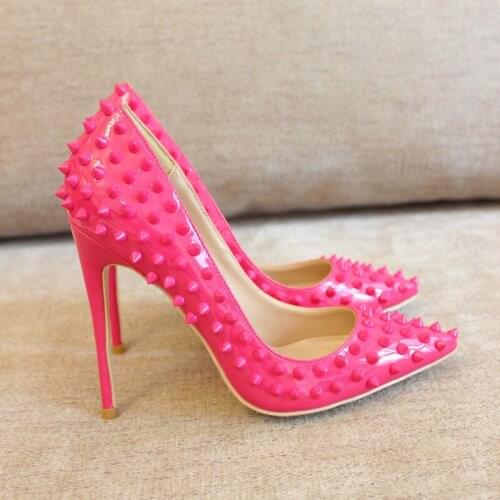 Free shipping Fashion women sexy lady pink patent leather studded spikes pointy toe heels stiletto heel women high heels shoes