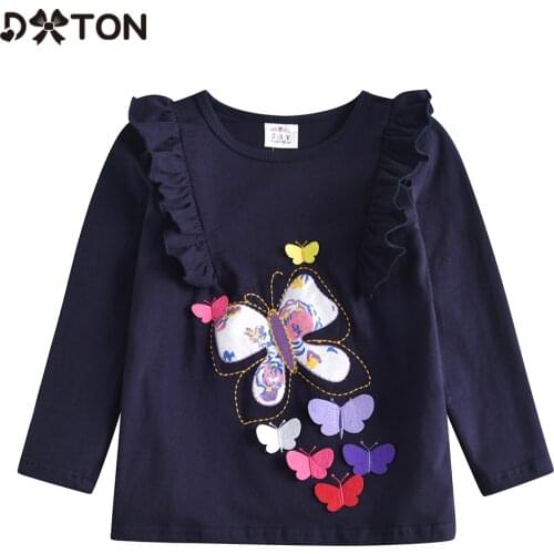 DXTON New Girls Flying Long Sleeve T-shirts Ruffle Winter Children Sweatshirt Cotton Kids Tshirts Butterfly Girls Casual Clothe
