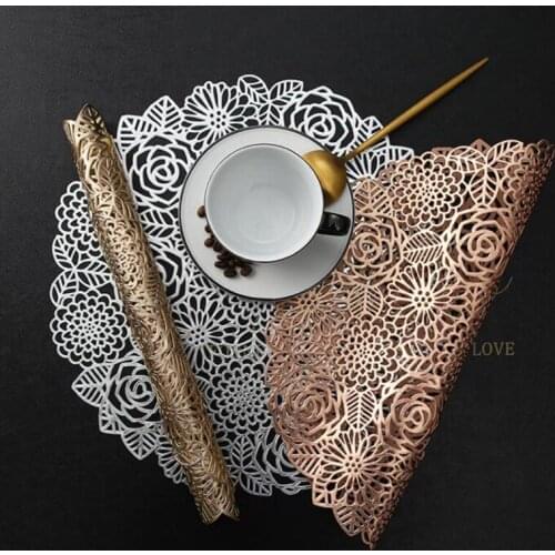 PVC Round Shape Hollow Rose Floral Placemat Kitchen Dining Table Decor Heat Insulation Steak Plate Pad Coffee Mat Kitchen Supply