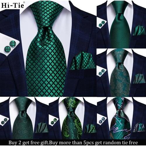 Hi-Tie Teal Green Solid Paisley Silk Wedding Tie For Men Necktie Hanky Cufflink Set Business Party Dropshipping Fashion Design