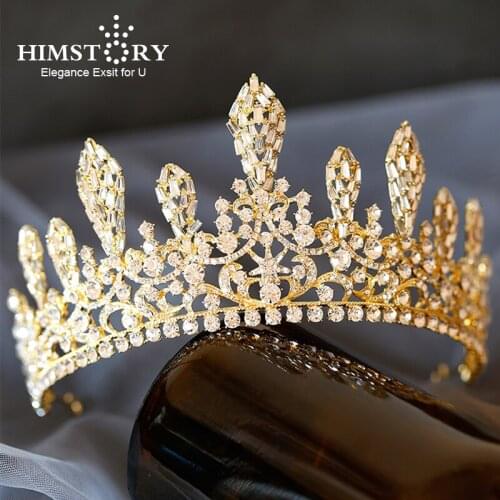 Himstory Luxury Trendy Full Rhinestone Crystal Tiara Big Crown Wedding Bride Queen Headpiece Gold/White Crown Hair Acces