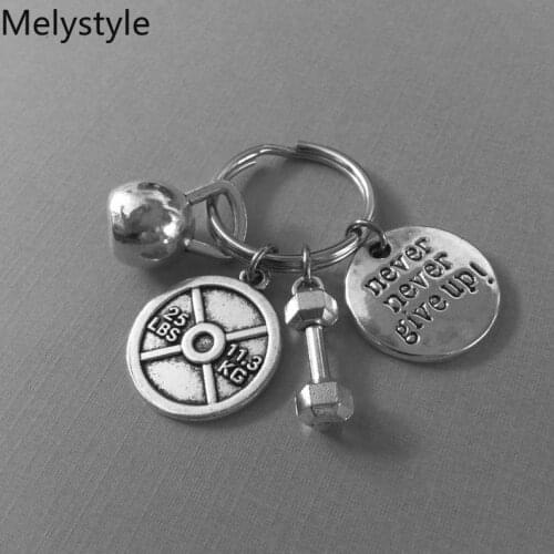 2019 Metal Barbell Dumbbell Charm Combination Key Chain GO FIT Gym Fitness Men Muscle Pendant Keychain customizable