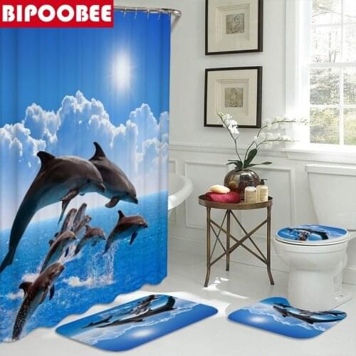 Ocean Design Dolphin 4 In 1 Waterproof Fabric Bathroom 3D Shower Curtain Set with Non Slip Toilet Cover Rugs Mat Home Decoration