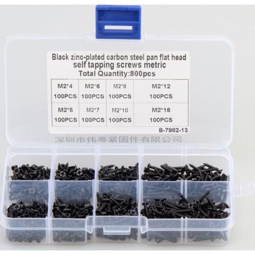 800Pcs/Lot Black Carbon Steel 4.8 Grade M2*4/5/6/7/8/10/12/16mm DIN7982 Cross Recessed Pan Head Self Tapping Screws Set