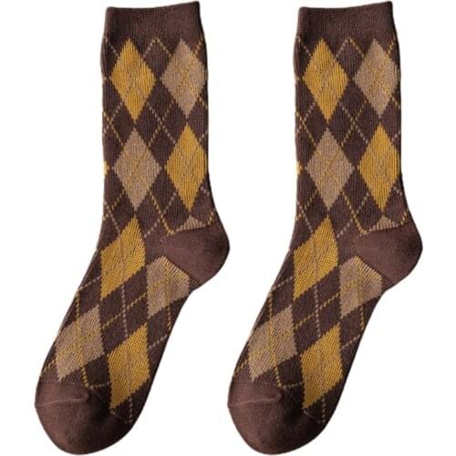 Women Autumn Ethnic Argyle Diamond Plaid Print Crew Socks Vintage College Preppy Style Student Cotton Mid-Calf Tube Hosiery 094B