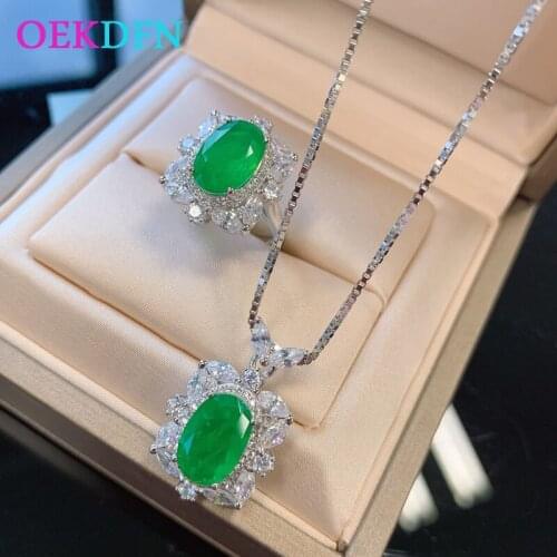 OEKDFN Solid 925 Sterling Silver Jewelry Set Emerald Gemstone Pendant/Necklace/Rings Wedding Engagement Cocktail Bijoux Female