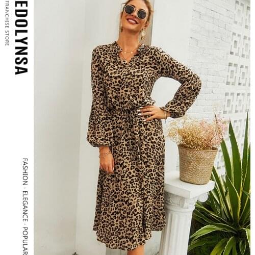 Office Lady Elegant Leopard Turn Down Collar Lantern Sleeve High Waist Button Front Party Dress Cotton Tunic Women Dresses A463