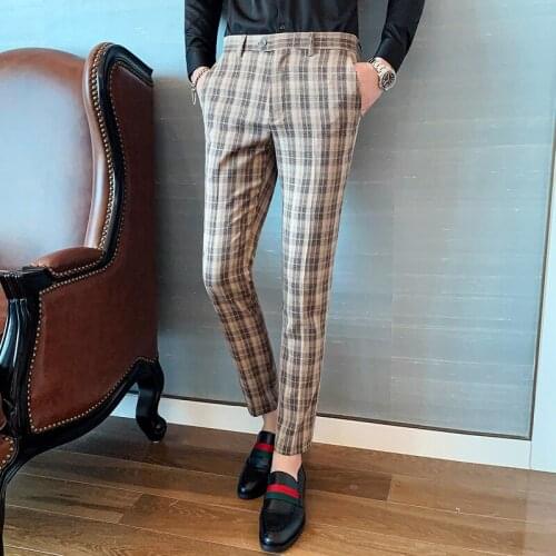 Pantalon Ankle Length Homme Casual Slim Men Suit Pant Formal Business Trousers Streetwear Clothing 2020 Mens Plaid Dress Pants