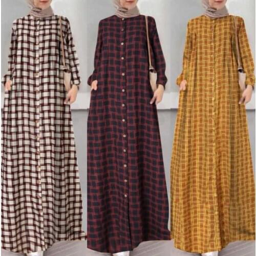 Felycc Woman Dress Muslim Fashion National Long Sleeve Loose Cardigan Plaid Cotton Linen Dubai Abaya Turkey Eid Muslim Dress