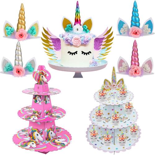 3 Floors Pink Unicorn Pattern Cake Stand Cupcake Display Stand for Unicornio Theme Birthday Party Decoration Kids Party Supplies