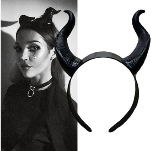 Halloween Witch Black Long Ox Horn Headband Movie Demon Evil Queen Glitter Hair Hoop Gothic Cosplay Costume Headpiece