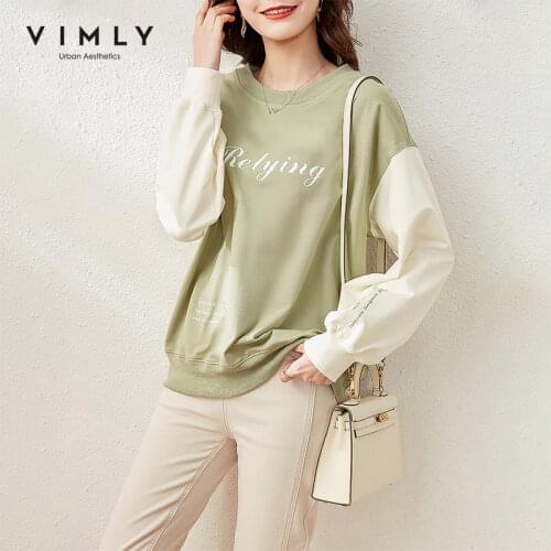 VIMLY Spring Sweatshirt Women Casual Round Neck Pullover Fashion Letter Splice Loose New Hoodies Thin Clothes Female Tops F6857