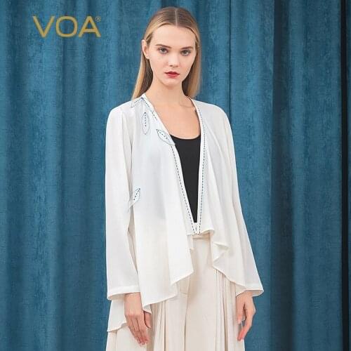 VOA 40m/m Miben White Straight Stripe Silk Coat Spring/Autumn Leafy Organza Arch Needle Long Sleeve Joker Loose Cardigan W565