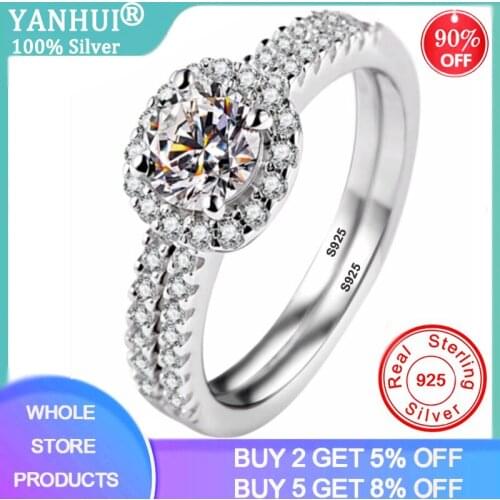 YANHUI Solid 925 Silver Round CZ Wedding Rings Set For Women Luxury Zirconia Stackable Rings Engagement Gift Jewelry Accessories