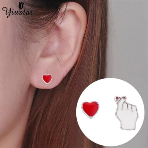 Yiustar Red Heart Turkish Earring Jewelry Cz Arrow Stud Earrings Gift For Girls Kids Lady Enamel Love U Earrings Wedding