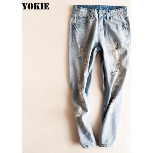 Hole Ripped Cut Out Sexy Jean Pants women Plus Size Light Blue Denim Women Jeans 2016 New Arrival Washing Jean Boyfriend Pants