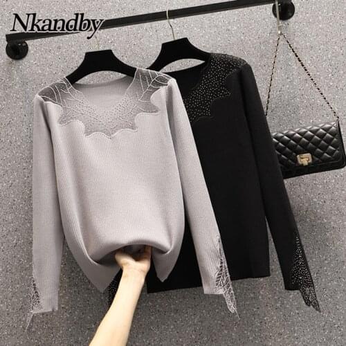 Nkandby Plus Size Knitted Sweaters Women 2021 Auutmn Winter Slim Mesh Patchwork Beading Pullovers Jumpers Oversized Knitwear