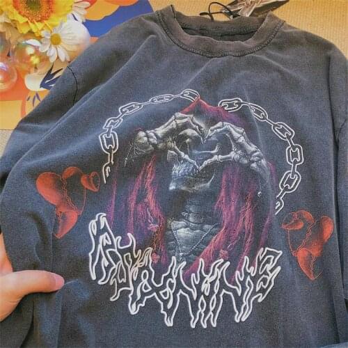 Y2K Vintage Distressed Skull print Female Sweatshirts Women Oversized Sweatshirt Harajuku Long Sleeve Pullovers Grunge clothes