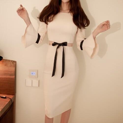 Office Lady Summer Bodycorn Dress Women O-Neck Flare Sleeve Sheath Dress Knee-Length Bow Warp Party Dress Split Elegant B076