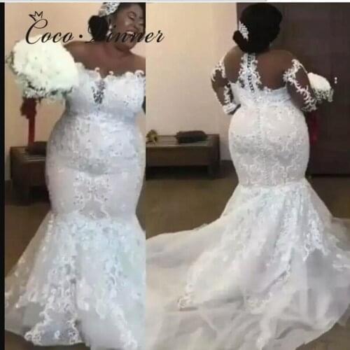 Long Sleeves Illusion tulle Lace Mermaid Wedding Dress 2021 NEW Plus Size Vintage beaded Wedding Dresses Women W0560