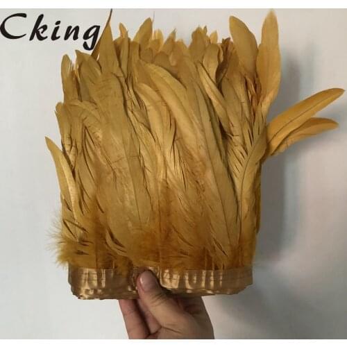 2 meters 6-8inch Gold rooster feather trims 15-20cm diy chicken plumes fringe trimming sewed on satin ribbons lace 100pcs/meters