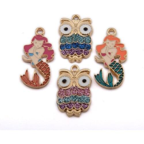 10pcs Full Crystal Owl Mermaid Charms Enamel Charms Handmade Alloy Pendant For Diy Bracelet Jewelry Making Wholesale