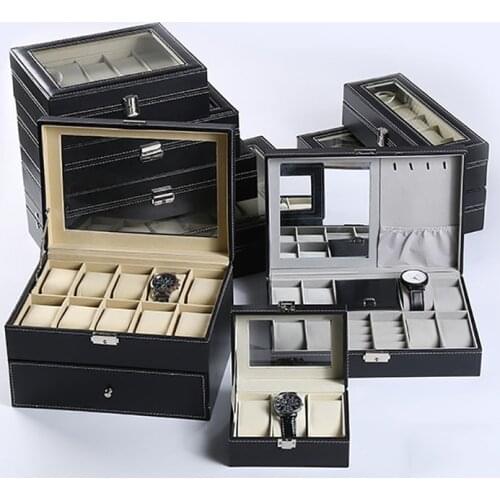 3/6/10/20 Slots Black Watch Box Portable Travel Watch Leather Display Case Organizer Glass Jewelry Storage Large Holder