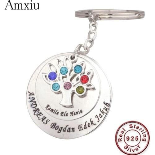 Amxiu Three Parts 925 Sterling Silver Keychains Custom Seven Names Team Family Tree Key Chains Zircons Pendant Keys Accessories