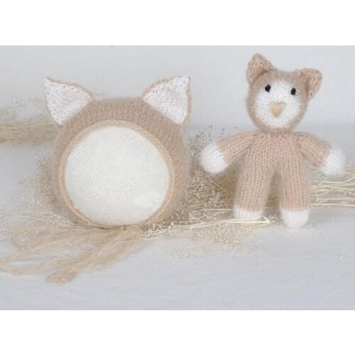 Beige Knitted Cat Hat Baby Boy Girl Hat Set Croceht Mini Animal Toy Newborn Stuffed Toy Photography Props Knitted Doll Bonnet