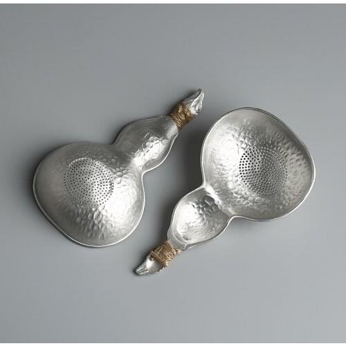 Pure Tin Hand Hammered Tone Gourd Tea Strainer Tea Dust Filter Tin Silver Gourd Scoop-Shaped Kombucha Tea Accessories