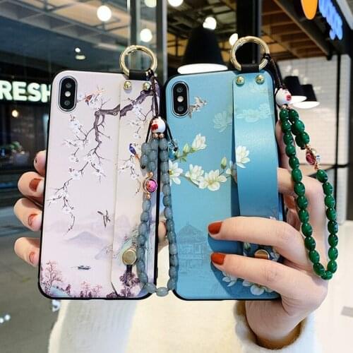 Wrist Strap Case for IPhone 11 Pro XS Max Case Soft Relief Floral Holder Cover for IPhone SE 2 2020 X XR 6 7 8 Plus With Lanyard