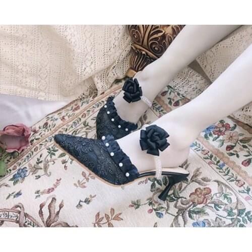 Lolita elegant retro style kawaii girl sweet lolita shoes vitage pointed female sandals lace high heels women shoes loli cos