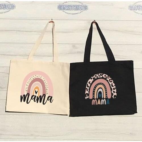 Women Canvas Shoulder Bags Rainbow Mommy Design Ladies Handbag Casual Tote Eco Reusable High Capacity Bag Shopper Shopping Bag