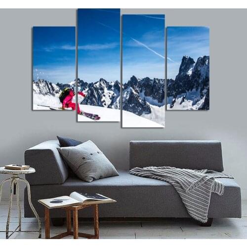 Unframed HD Fashion Printed Canvas Printings Alpine Skiing Painting Wall Art Home Decoration Poster 4 Panel Canvas