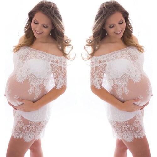 Pregnant Women Lace Dress Pregnancy White Sexy Shooting Photo Clothes Maternity Gown Photography Props See Through Mini Dresses