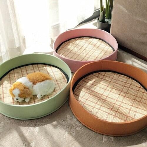 Summer Bed with Cooling Mat for Dogs Cats Round Washable Beds with Straw Cushion for Small Medium Breed Multiple Colors